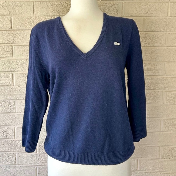 Lacoste Women's V-Neck Sweater Navy 3/4 Sleeve Deep V Neck EUC - Picture 1 of 6